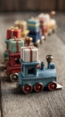 Miniature Christmas gift train on rustic wood