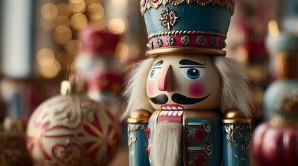 Traditional Nutcracker Soldier with Christmas Ornaments and Bokeh