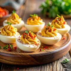 Spicy deviled eggs on wooden board