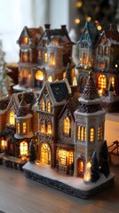 Enchanting miniature village glowing with warm light and snow