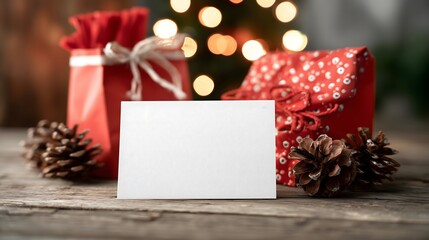 Festive Christmas Card with Gifts and Pinecones on Wood