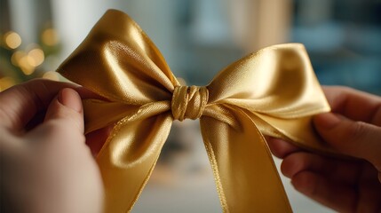 Close-up of hands presenting a shiny gold ribbon bow, with soft bokeh lights in the background.