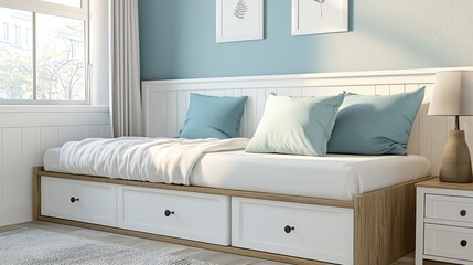 A cozy bedroom with a white headboard and blue walls, featuring a wooden daybed with white bedding and blue pillows.