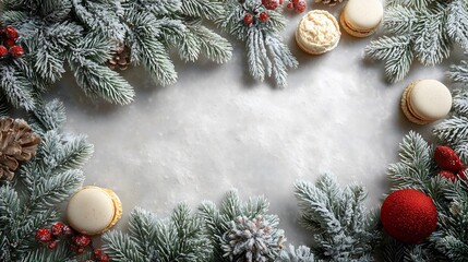 Festive Christmas background with frosted pine branches and macarons