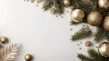Festive gold ornaments and pine branches arranged on a clean white surface for a holiday design.