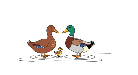 Obraz premium A family of three ducks, two adults and a duckling, stand on rippling water in an illustration.
