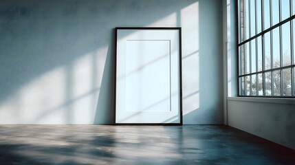 Empty picture frame in minimalist interior, sunlight streaming through window