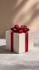 A minimalist, elegant gift box in cream with a luxurious red ribbon and subtle gold trim, set agains
