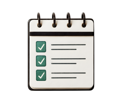 A white notepad with three green checkmarks and lines for writing tasks on a black background