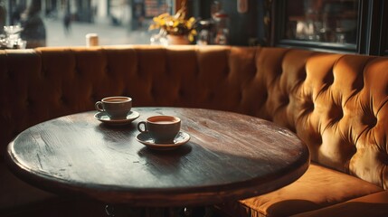A warm and inviting view of two coffee cups on a rustic wooden table, nestled within a plush booth.