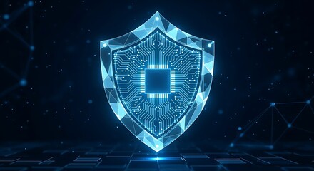 A digital shield with a circuit board pattern represents cybersecurity and data protection.