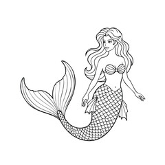 Elegant mermaid with flowing hair and detailed tail, depicted in a line art style suitable for coloring or design projects