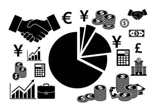Dynamic business concepts with financial icons handshake pie chart currency symbols calculator briefcase and growth charts symbolizing investment success and global finance strategies