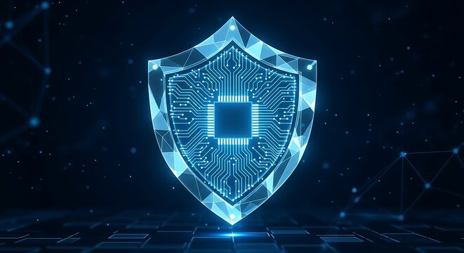 A digital shield with a circuit board pattern represents cybersecurity and data protection. - Powered by Adobe