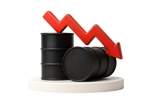 Crude oil barrels and a sharp red downward arrow symbolizing falling prices and economic decline