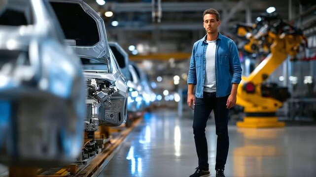 Defocused production supervisor walking while sharp detailed robots install components on multiple car chassis, with copy space