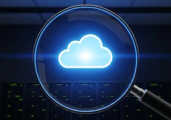 Magnifying glass reveals glowing blue cloud icon over futuristic server racks, symbolizing data analysis and digital transformation in modern technology