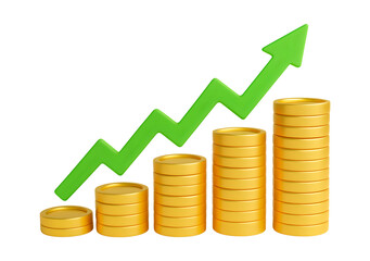 Green upward trending arrow graph superimposed over stacks of gold coins on a black background symbolizing financial growth and success