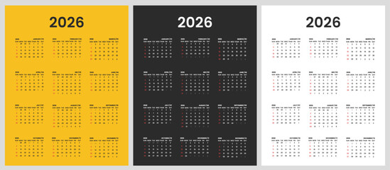 One-Page Calendar 2026 Template Set. Ready-to-print minimalist annual layouts for both wall and desk use. Modern business design for professional and personal planning.