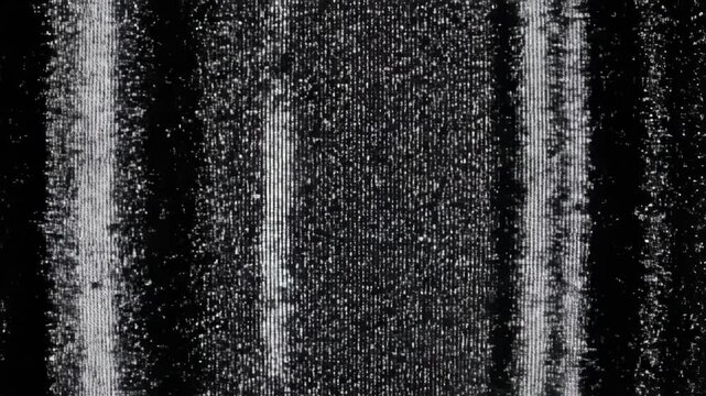 Static television screen displaying noisy, glitchy, and distorted signal with horizontal lines and fuzzy patterns