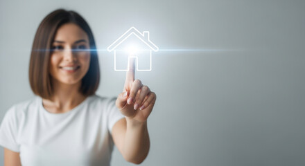Woman Touching Home Icon Future Technology Smart Home Automation Real Estate Virtual Interface Digital Innovation Modern Lifestyle Image