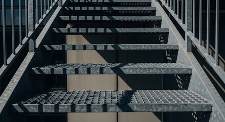 Outdoor metal staircase with textured treads and shadows cast by railings leading upwards