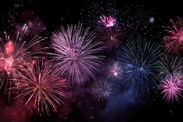 A dazzling display of colorful fireworks bursts against a black night sky, filled with smoke