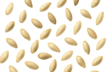 Obraz premium Pumpkin seeds scattered on a transparent background, illustrating organic food, healthy eating, and snack concepts