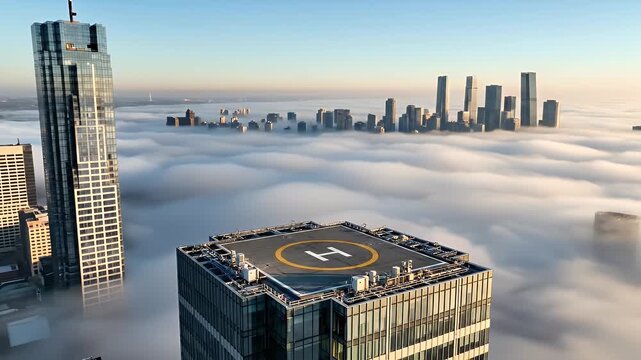 Skyscrapers rise above a thick cloud cover, with a helipad in focus. The sky displays a gradient