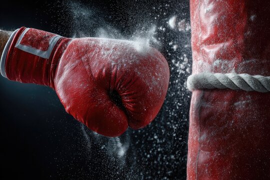 Close-up of a gloved fist striking a red punching bag, with white dust and dark backdrop - Powered by Adobe