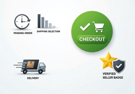 Streamline online shopping with clear icons for pending orders, shipping selection, efficient delivery, seamless checkout, and verified seller trust, building customer confidence. - Powered by Adobe