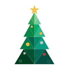 Obraz premium Geometric christmas tree with triangle segments and colorful ornaments on a white background design
