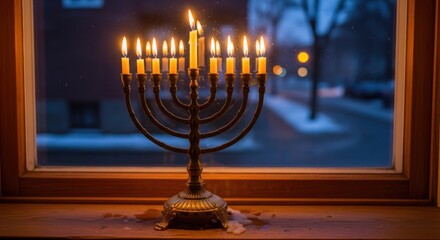 Fototapeta premium A lit menorah with a snowy street outside.