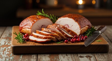 A sliced turkey breast on a wooden cutting board with cranberries and rosemary.