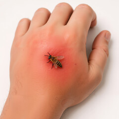 Close-up of hand with bee sting and red swelling on skin  