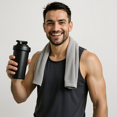Young man smiling while holding a shaker and wearing a towel  