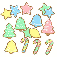 Assorted christmas cookies including stars trees bells and candy canes on a white background