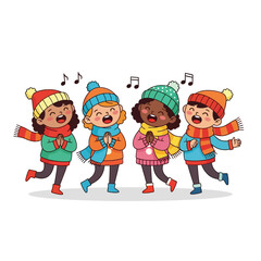 Four children singing carols in winter clothing with musical notes above them on a white background