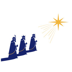 Three kings following a star illustration in blue and gold on a white background design for christmas