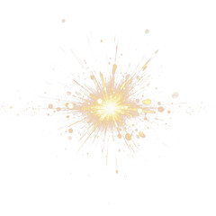 Radiant explosion with glowing yellow center and dynamic particle burst, abstract starburst effect on transparent background, symbolizing energy, power, and motion