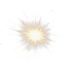Obraz premium Radiant explosion with glowing yellow center and dynamic particle burst, abstract starburst effect on transparent background, symbolizing energy, power, and motion