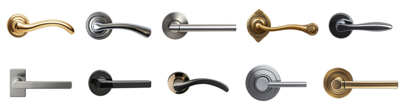 Collection of ten modern door handles in various styles and finishes including gold, silver, black and brass, isolated on transparent background