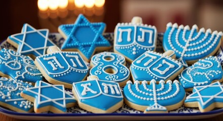 Naklejka premium A plate of blue and white decorated cookies with a menorah and other symbols on a blue and white plate.