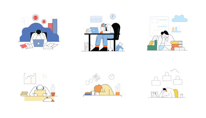 Set, Exhausted male character or freelancer in an office during a financial crisis struggling for his business. Small business owner, private entrepreneur facing difficulties or problems.