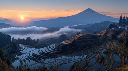 Golden sunrise illuminates intricate terraced fields, a sharp mountain, and misty valleys
