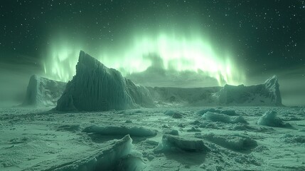 Green aurora glows over a vast frozen landscape with jagged ice formations and stars