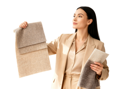 Female interior designer choosing fabric swatches, a creative decorator selecting materials. Elegant woman holding textile samples for home decor.