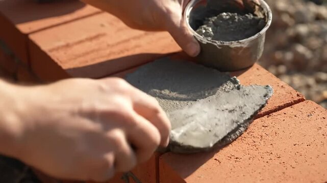 Close-up of a person applying mortar to a brick with a trowel, showcasing construction work.