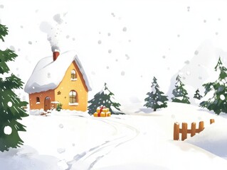 Christmas background in watercolor style for graphic design or wallpaper. A cartoonish rural village filled with white snow and beautifully decorated Christmas trees to welcome the Christian New Year.