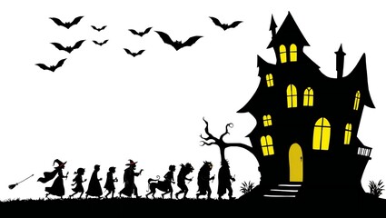 Halloween haunted house with trick or treaters and flying bats